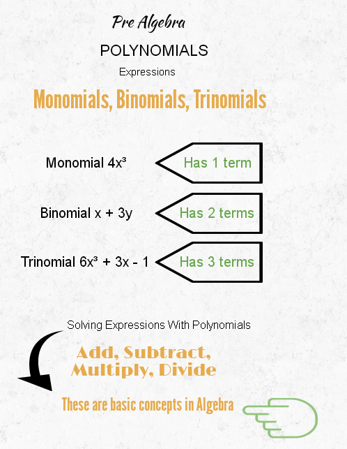Solving Polynomials - Monomials, Binomials, Trinomials, Pre Algebra